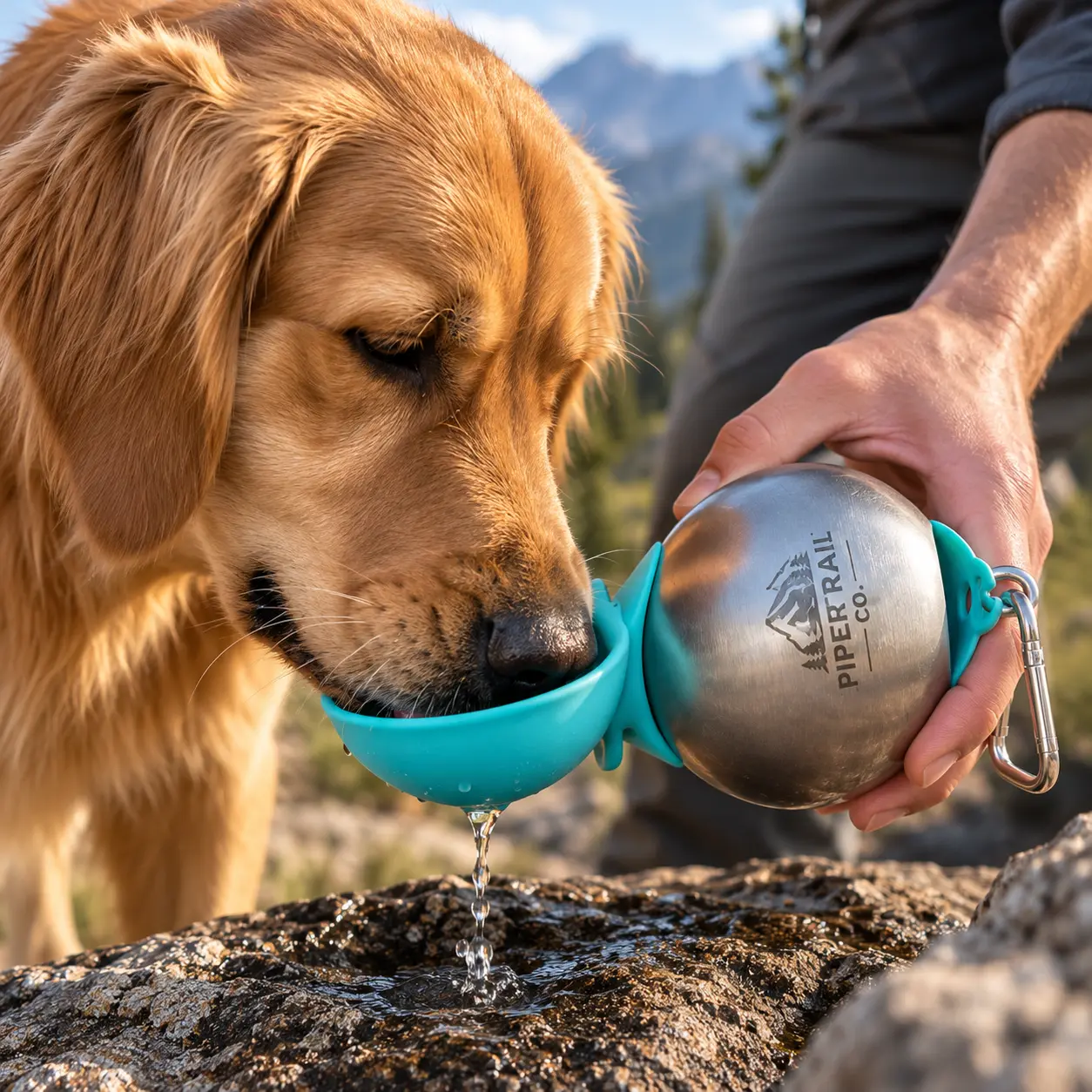 A golden retriever drinking from the Piper Trail Bottle, held by its owner on a mountain trail